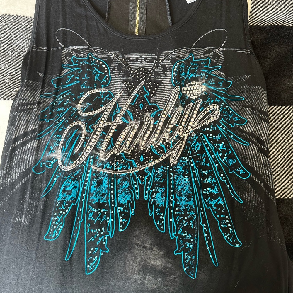 Harley-Davidson Blue Graphic Embellished Tank Top